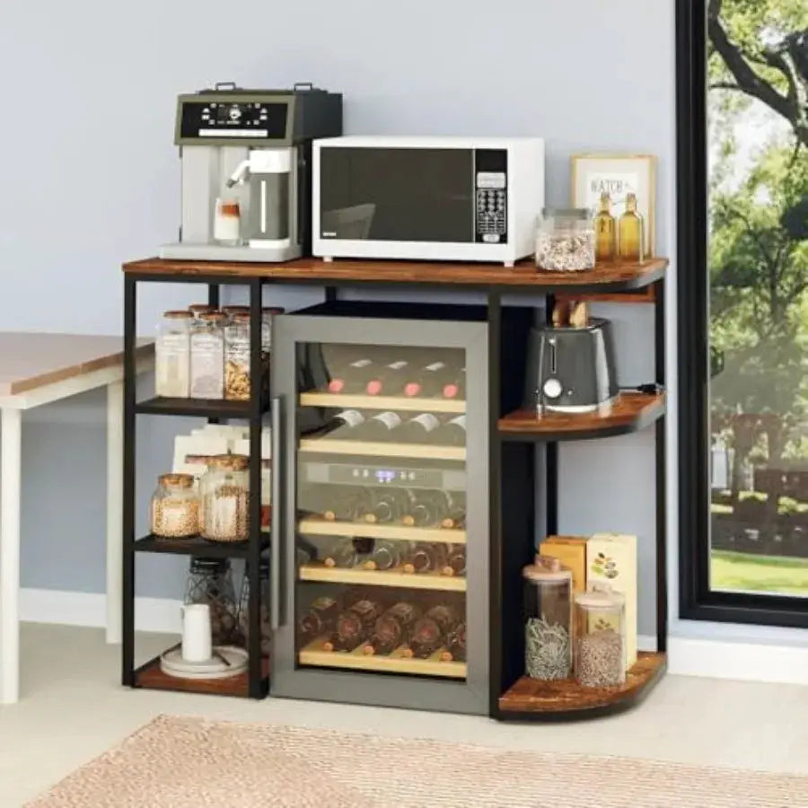 Dorm kitchen office coffee bar cabinet with mini fridge space, wood finish, black, 6-tier wine rack and built-in power outlet from PriceLows™