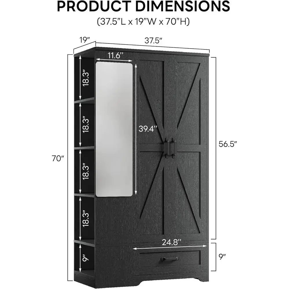 70 Large Wooden Wardrobe with Mirror, 2 Doors, Shelves & Hanging Rail for Bedroom Storage in Black from PriceLows™