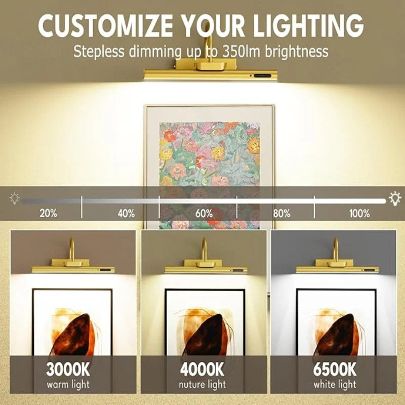 LED Picture Light | 4000mAh Rechargeable | 3 Color Dimming | Gold Finish