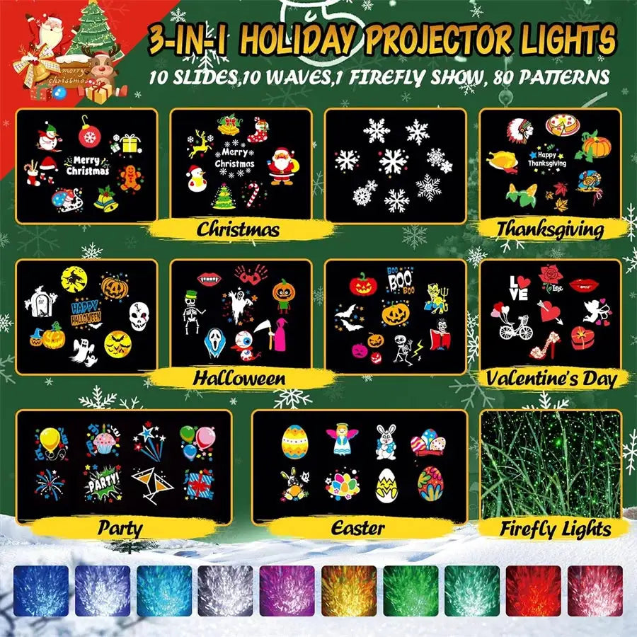 Christmas Laser Projector | 3 In 1 Modes | 80 Slide Patterns | Outdoor Use