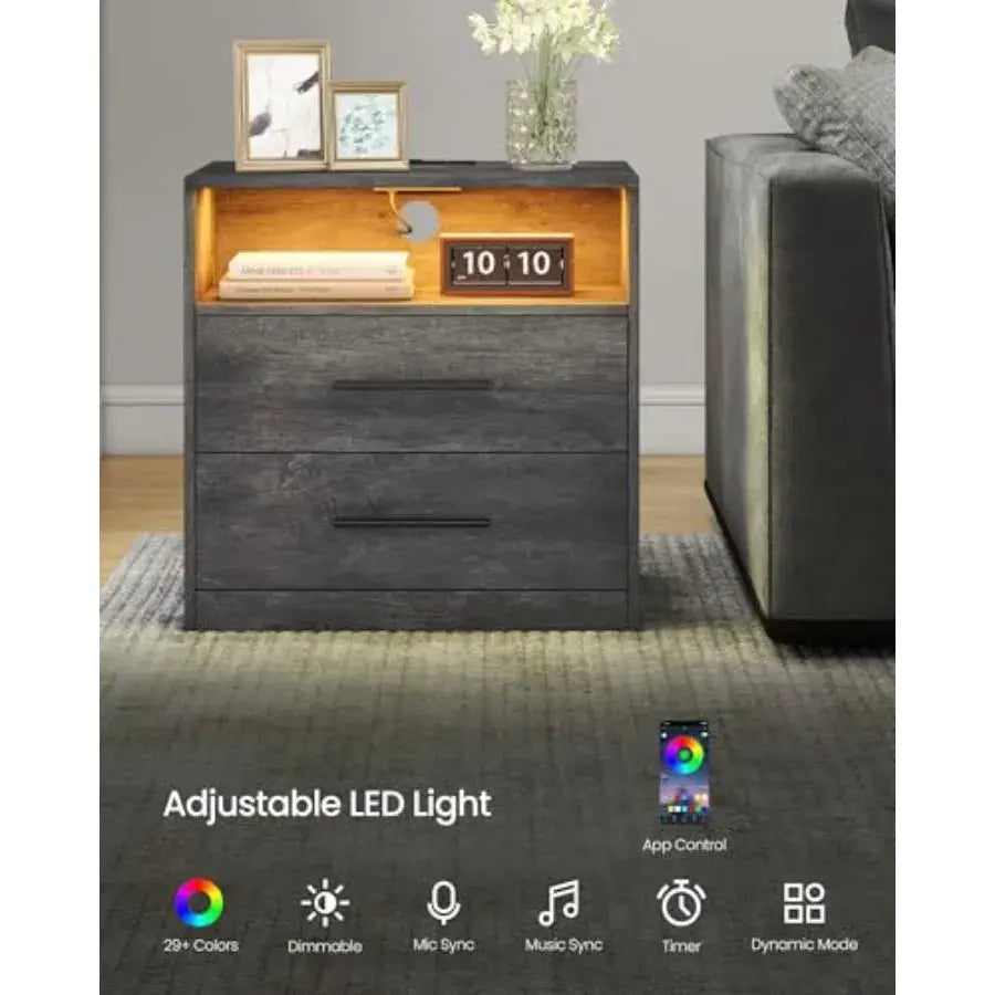 Custos Collection - 23.6 Inch Wide Nightstand with Charging Station, LED Lights, Night Stand, Side End Table with Drawers, Open from PriceLows™