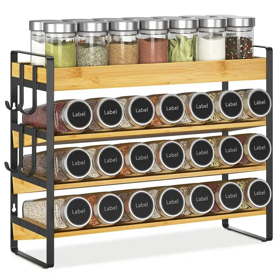 Spice Seasoning Rack Organizer Kitchen Countertop, 4 Tier Bamboo Spice Shelf Holder Storage with 4 Hooks, Wall Mounted Freestand from PriceLows™