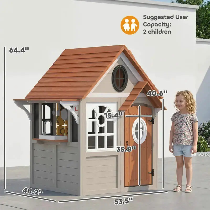 Qaba Outdoor Playhouse, Wooden Kids Playhouse with Dog Door, Cookware, Blackboard, Clock, Tic-Tac-Toe Roller for Backyard from PriceLows™