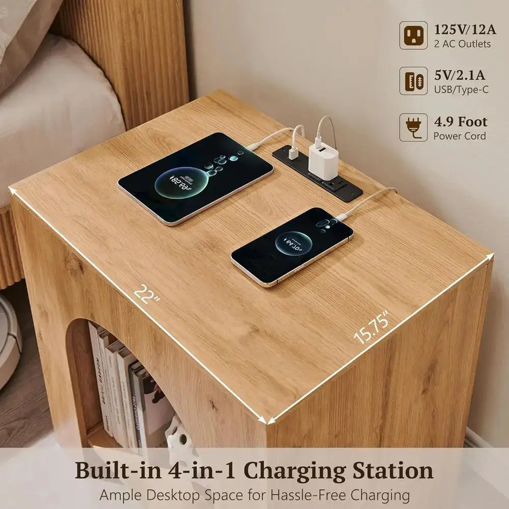 Set of 2 Arched End Tables with 22 Nightstands, Charging Station, USB & Type-C Ports, Natural Finish from PriceLows™