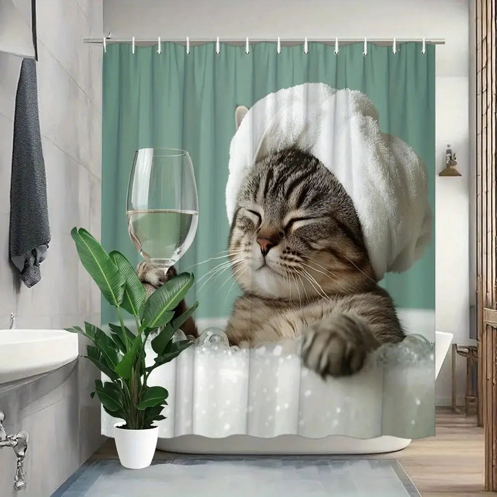Funny Cat Shower Curtain, Tabby Cat in Bathtub with Wine Glass, Relaxing Spa Theme, Waterproof Bathroom Decor from PriceLows™