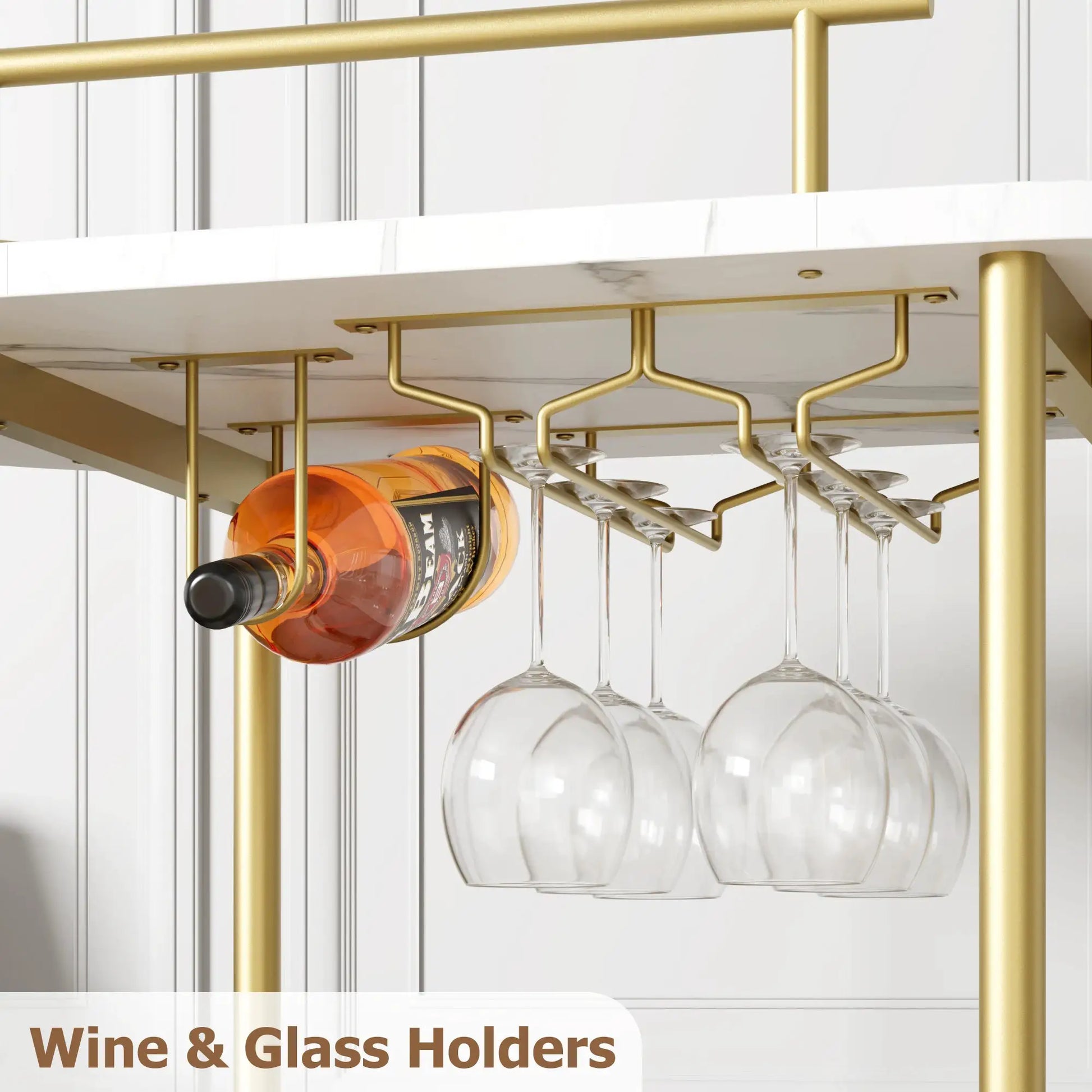 Gold Bar Carts with 4-Tiers Storage Shelves Mobile Bar Seving Carts On Wheels with Wine Rack and Glass Holder for Kitchen from PriceLows™
