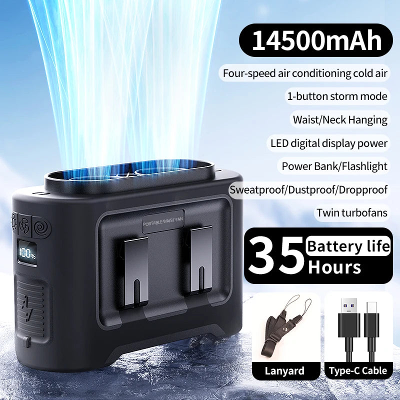 Wearable Neck Fan | 14500mAh Battery | Waist/Neck Mount, CE RoHS | One Size