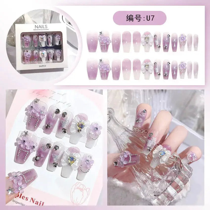 Press On Nails | Long Square Shape | Pink Blue Gradient Glitter | 24 Piece Set