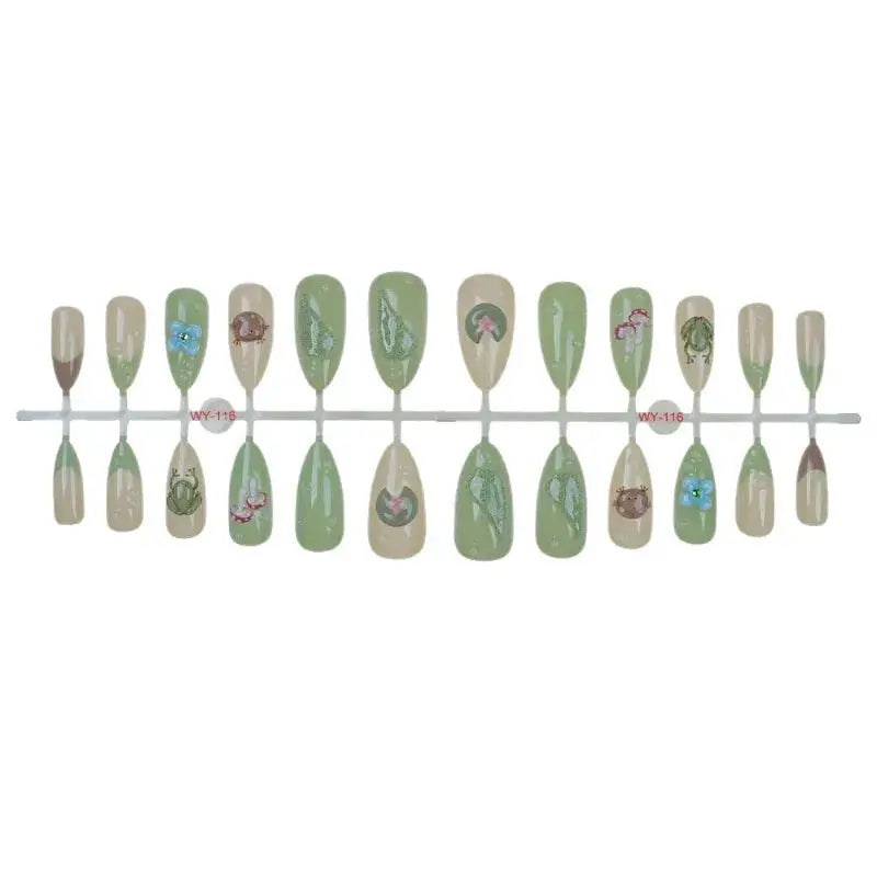 Press On Nails | Almond Shape | Green Lotus Frog Design | 24 Piece Kit