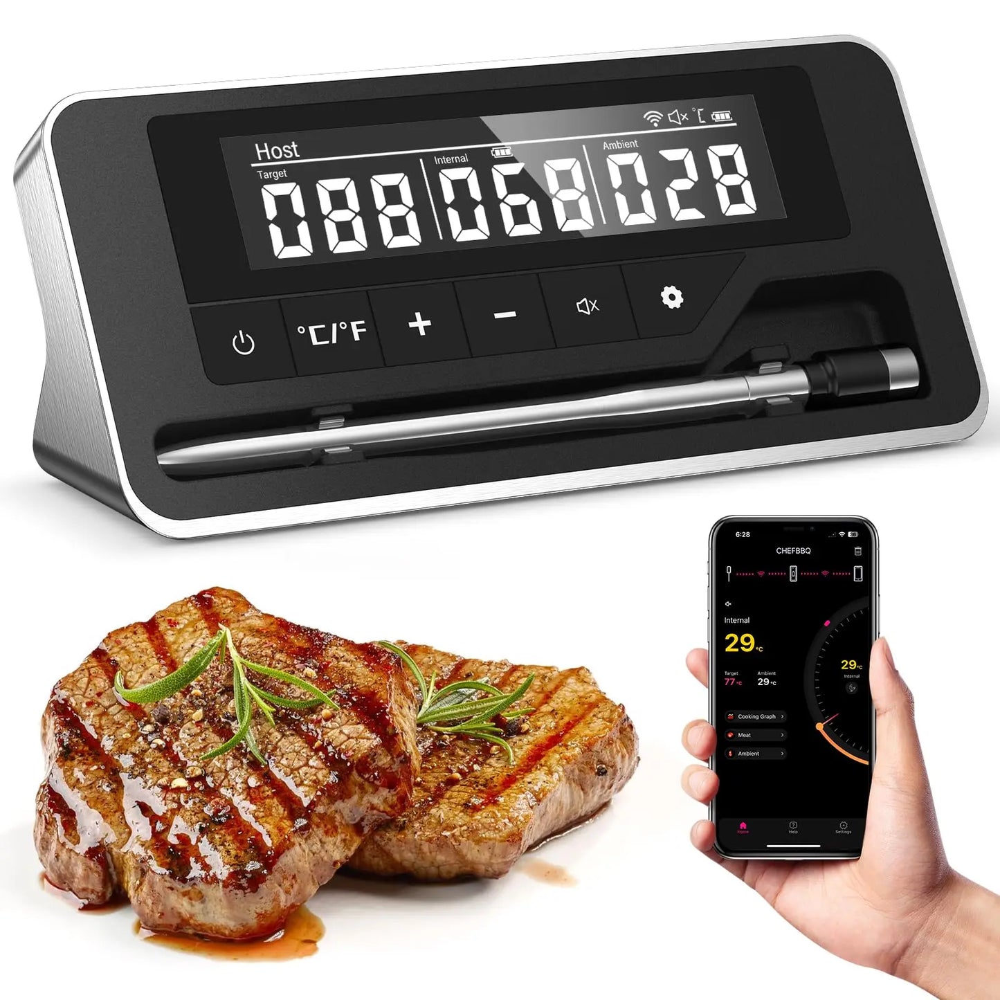 Wireless Meat Thermometer | Bluetooth 5.2 | App Control and Alarm | HK-R1/HK-M1