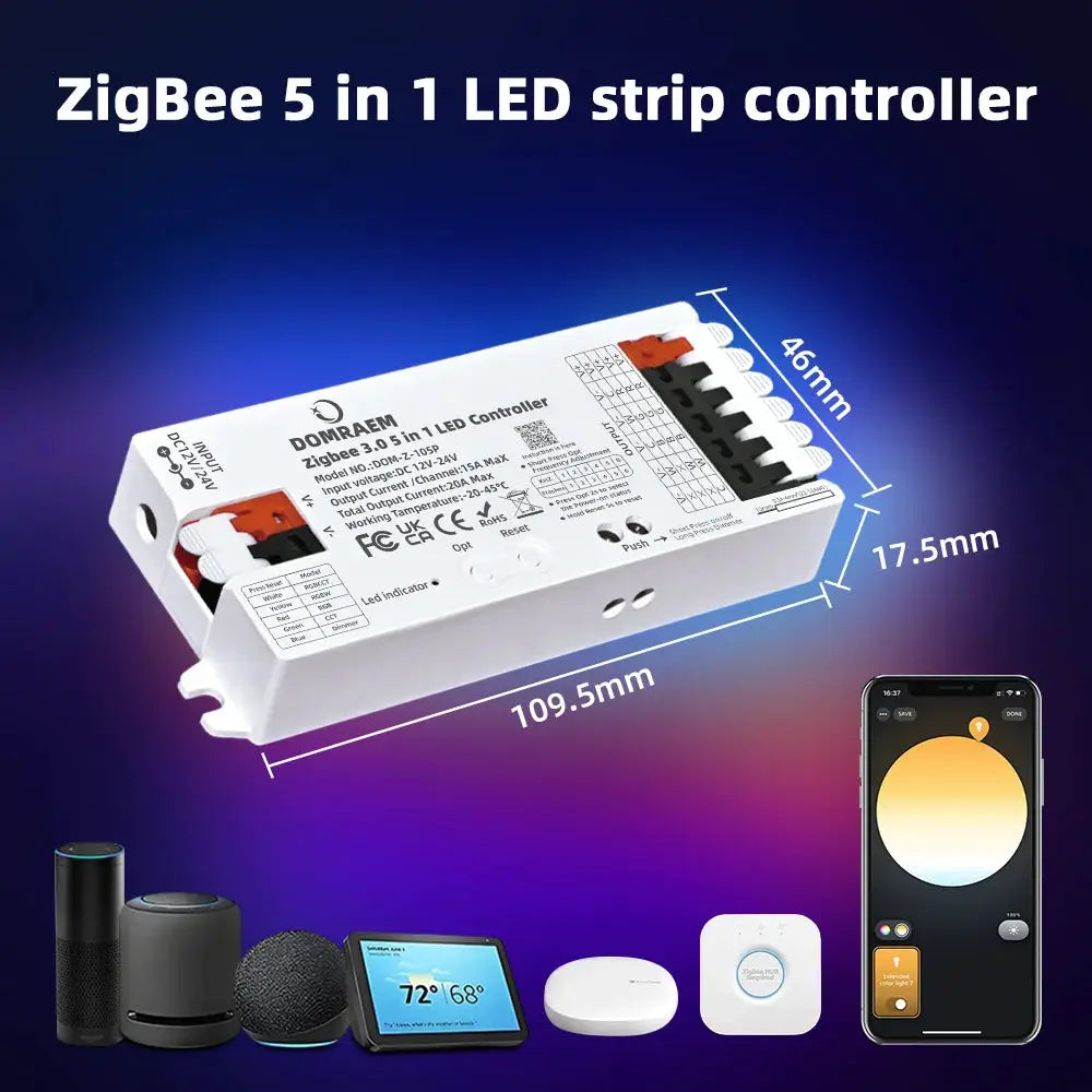 DOMRAEM Zigbee 3.0 5 in 1 LED Strip Controller DIMMER CCT RGB RGBW RGBCCT Compatible with HU*E SmartThings APP Voice 20A Max from PriceLows™
