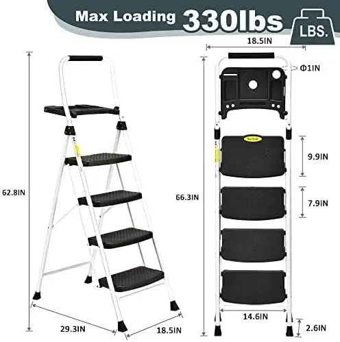 4 Step Folding Ladder, 330LBS Capacity, Anti-Slip Step Stool with Tool Platform for Home Kitchen Office from PriceLows™
