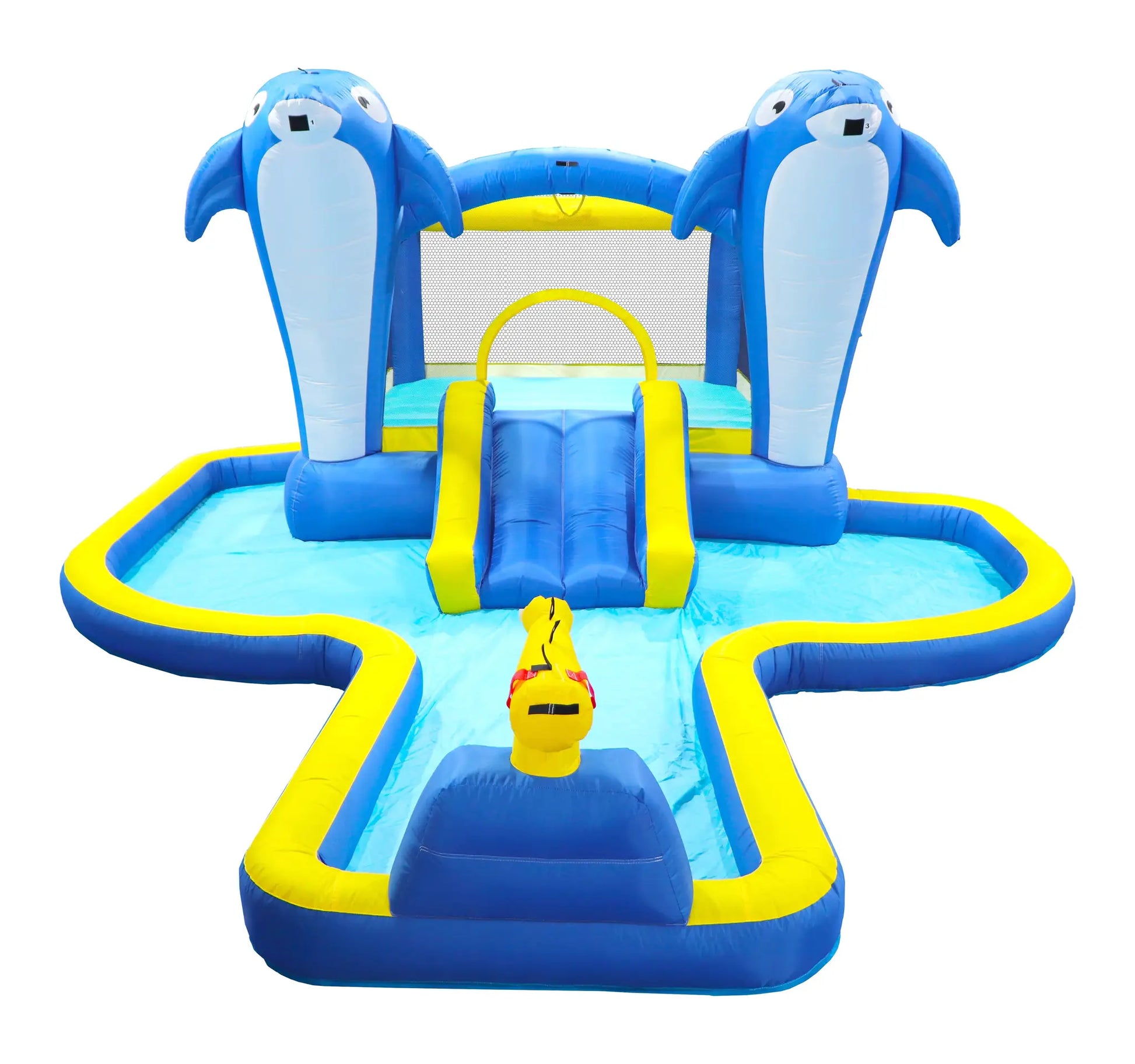Inflatable Water Slide 8in1 Bounce House Outdoor Backyard Kids Play Center Dolphin Sprinkler Water Gun Basketball Target Games from PriceLows™