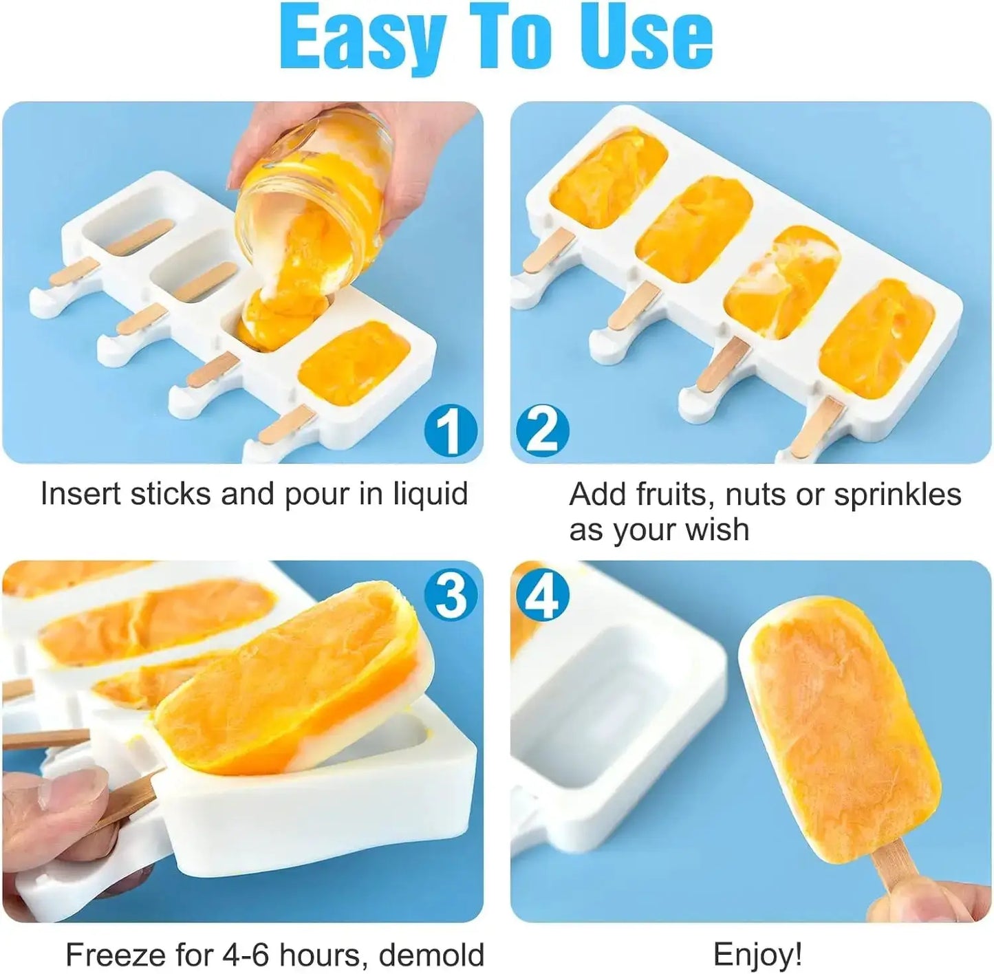 6 Pcs Silicone Popsicle Molds with 300 Wooden Sticks, 4 Cavity Ice Lolly Mold for DIY Frozen Treats, Easy Release and Dishwasher from PriceLows™