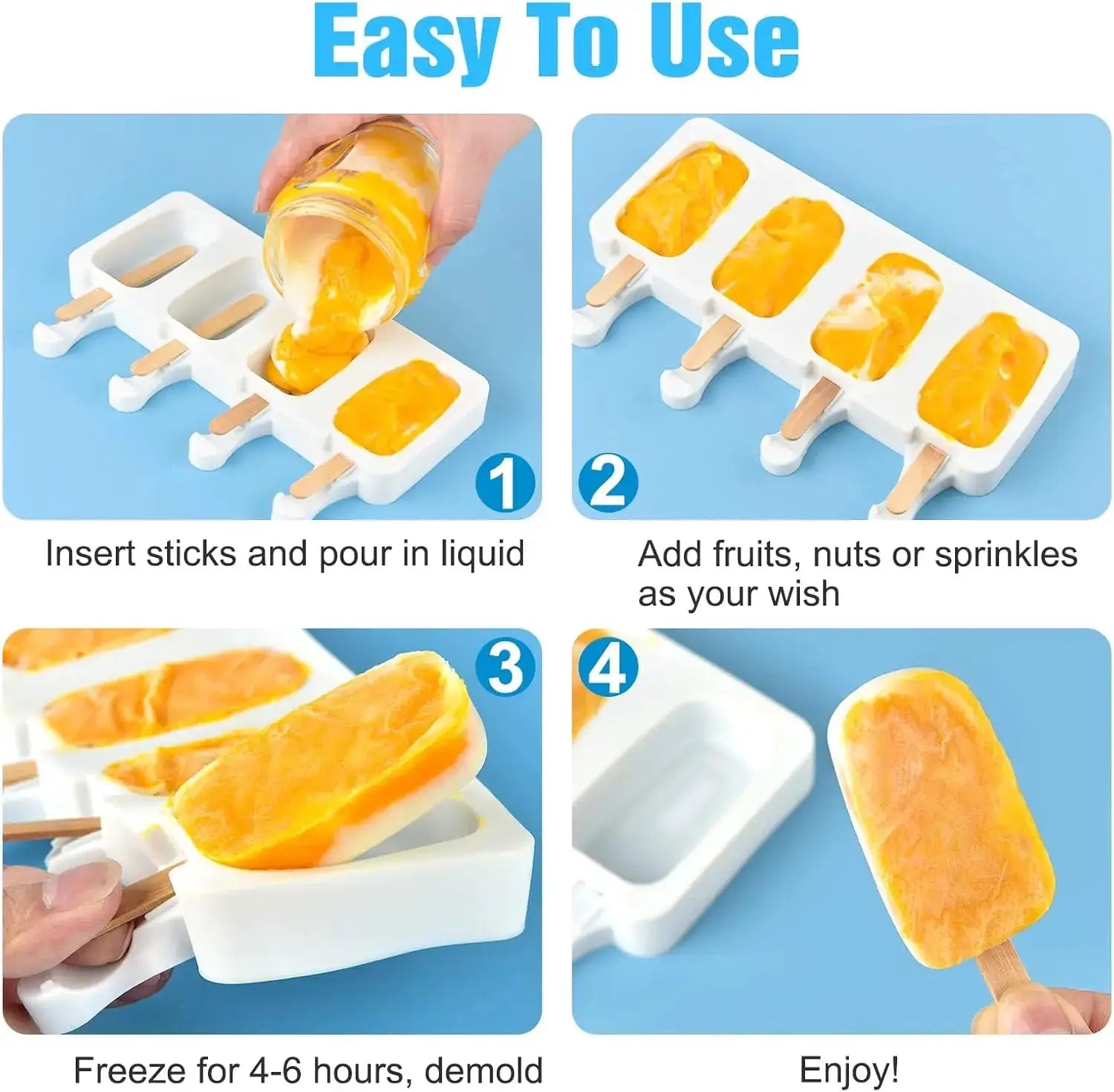 6 Pcs Silicone Popsicle Molds with 300 Wooden Sticks, 4 Cavity Ice Lolly Mold for DIY Frozen Treats, Easy Release and Dishwasher from PriceLows™