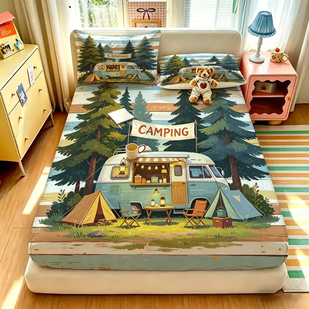 3pcs Happy Camping Tent Printed Coreless Bed Sheet Summer Set Multi Size Soft Comfortable Bedding Decoration Machine Washable from PriceLows™