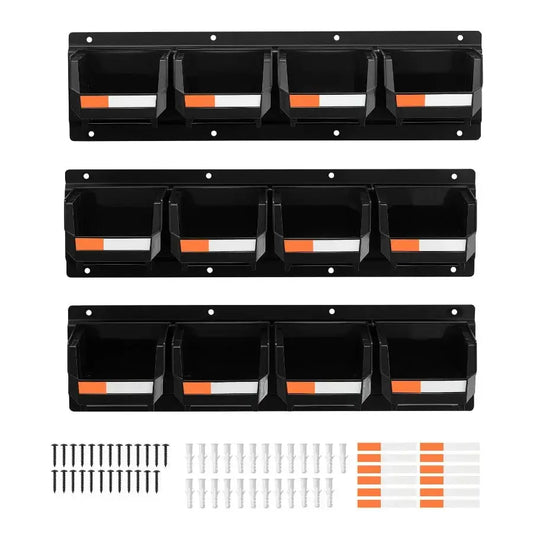 Wall Mounted Storage Bins 12 Plastic Bins with 3 Metal Rails Black Stackable Hanging Organizer for Screws Nuts Bolts Nails Hard from PriceLows™