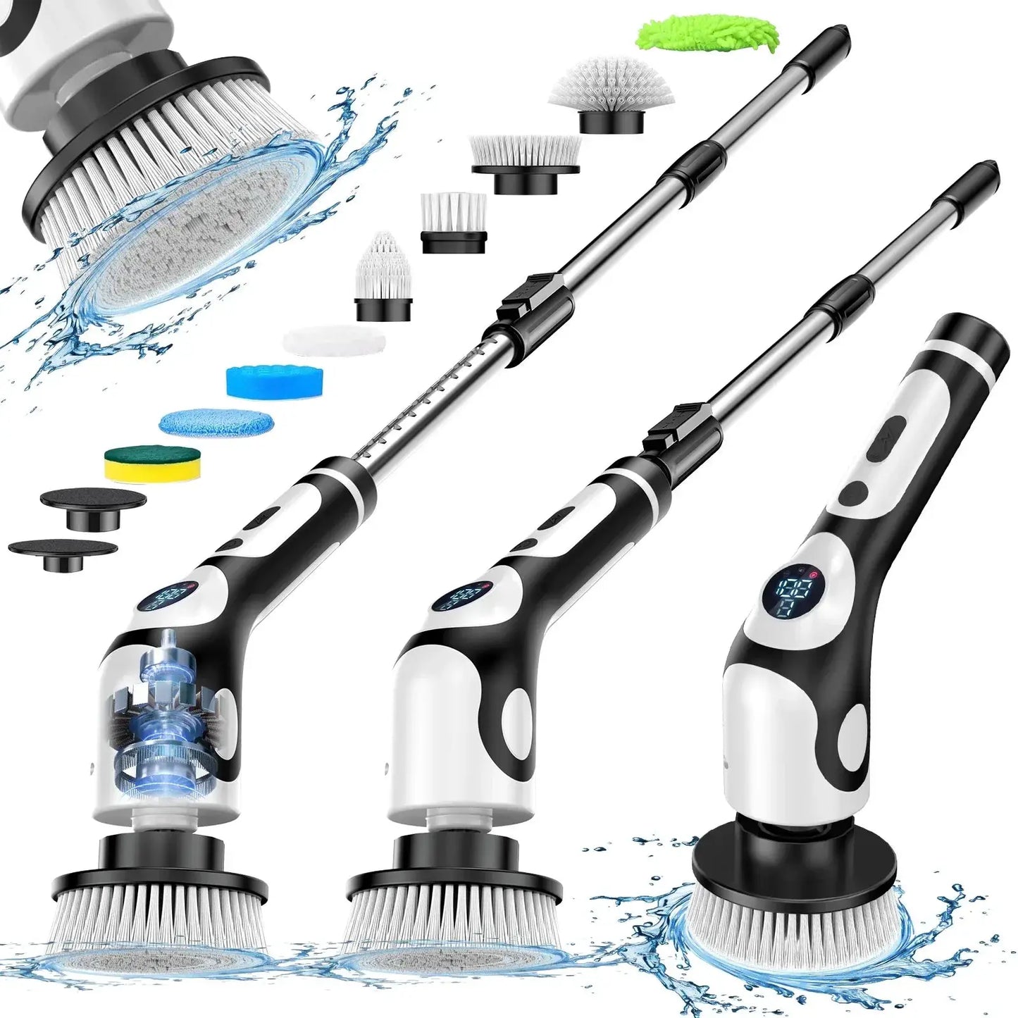 Electric Spin Scrubber | 9 Replaceable Brush Heads | 550 RPM | 3 Adjustable Size
