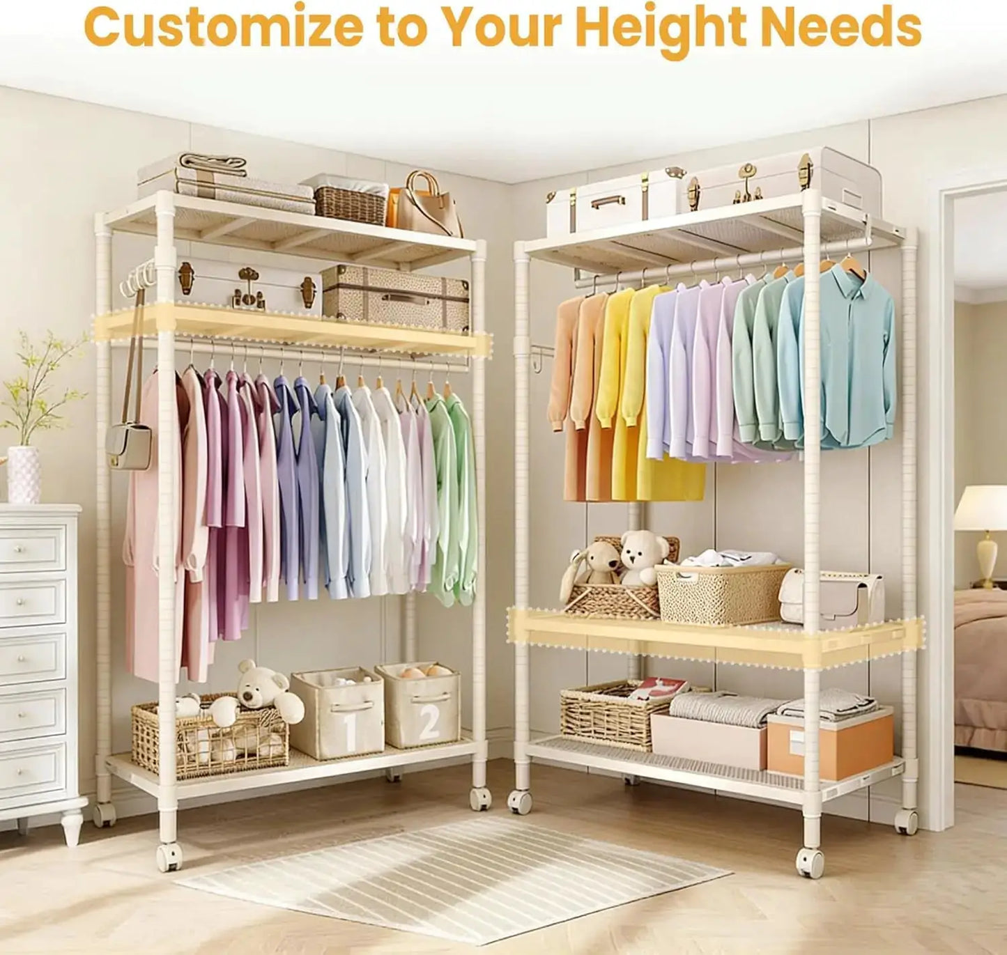 Rolling Clothes Rack for Hanging Clothes, Garment Rack with Storage Shelf and Side Hooks, Clothing Rack for Bedroom, Living Room from PriceLows™