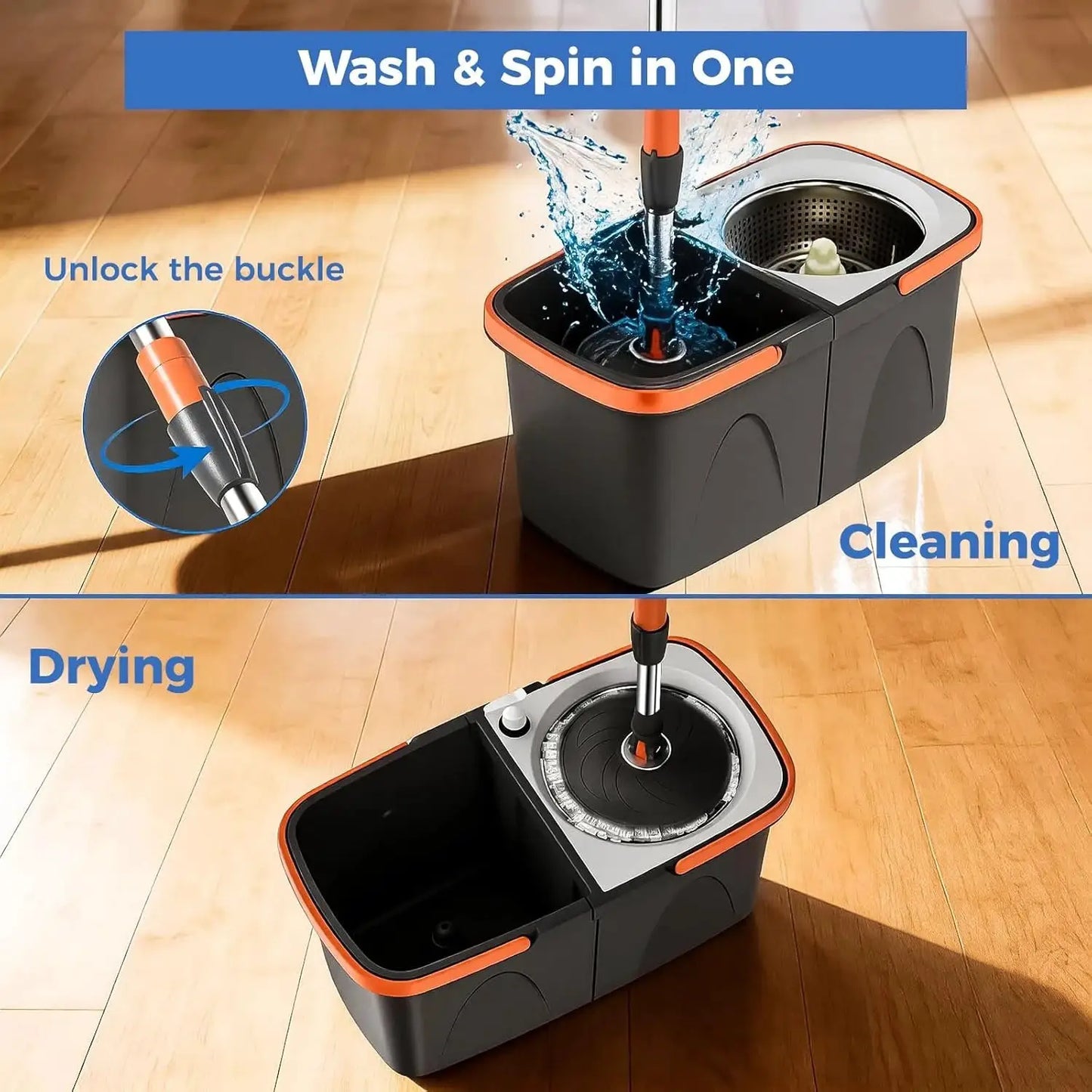Foldable Spin Mop and Bucket System, Dual-Bucket Cleaning, 2 Reusable Microfiber Mop Heads for Floor Cleaning from PriceLows™
