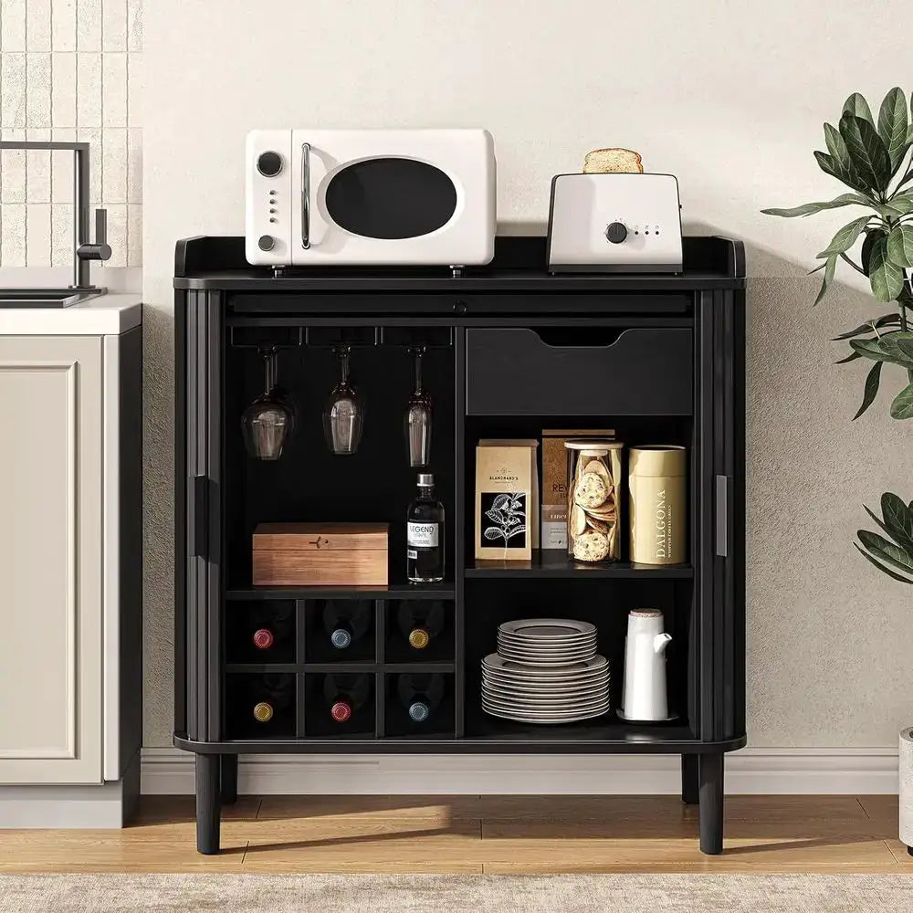 Modern Vintage Coffee Bar Cabinet with Storage, Wine Racks, and Glass Holder for Home Living Room Kitchen in Black from PriceLows™
