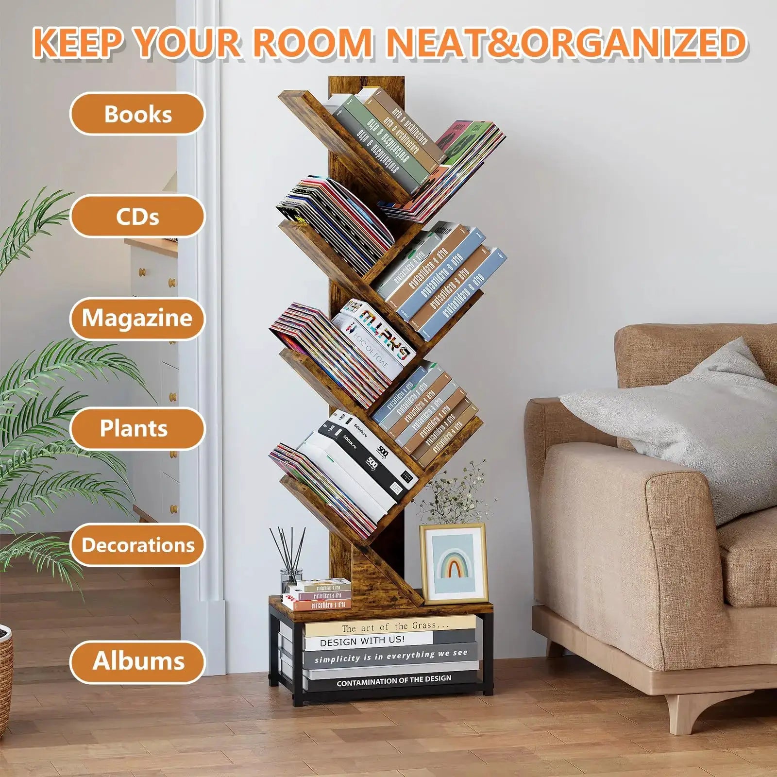 Tree Shaped Bookshelf 6 Tier Rustic Wooden Bookcase With Metal Base For Living Room Bedroom Office from PriceLows™