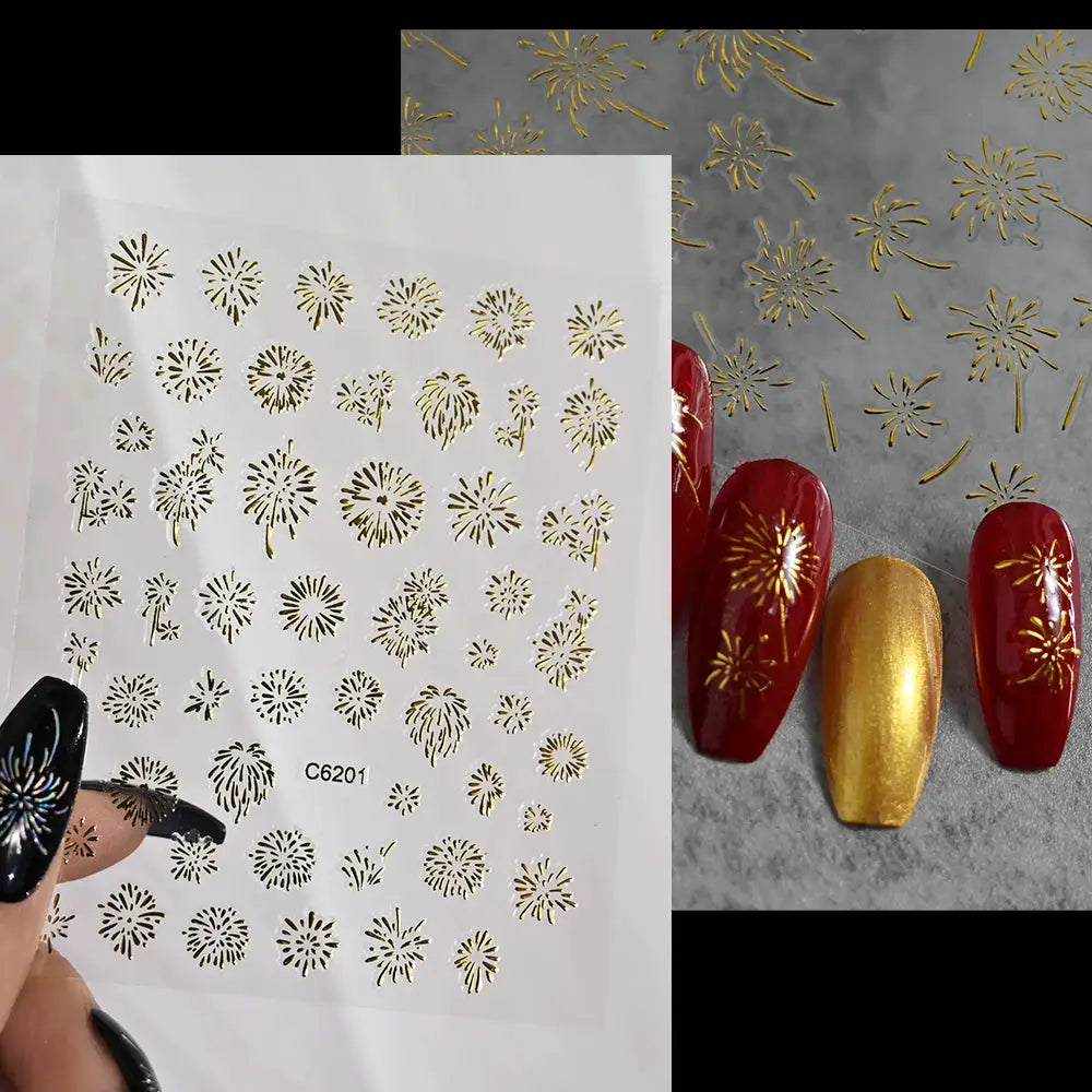 1PC Laser Fire work Nail Stickers 3D Self-Adhesive Blooming Fire-work Nail Decals New Year Firework Design Nail Slider 10*8cm from PriceLows™