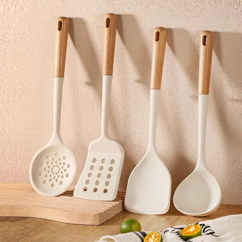 New Silicone Kitchen Cooking Utensils Set Durable Hardwood Handle Heat Resistant Tool Non-stick Turner Slotted Spoon Spatula Kit from PriceLows™