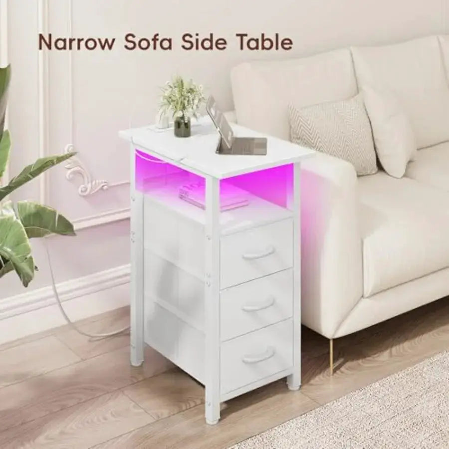 Nightstand with Charging Station and LED Lights, Narrow End Table, LED Nightstand with 3 Fabric Drawers for Bedroom, Small Beds from PriceLows™