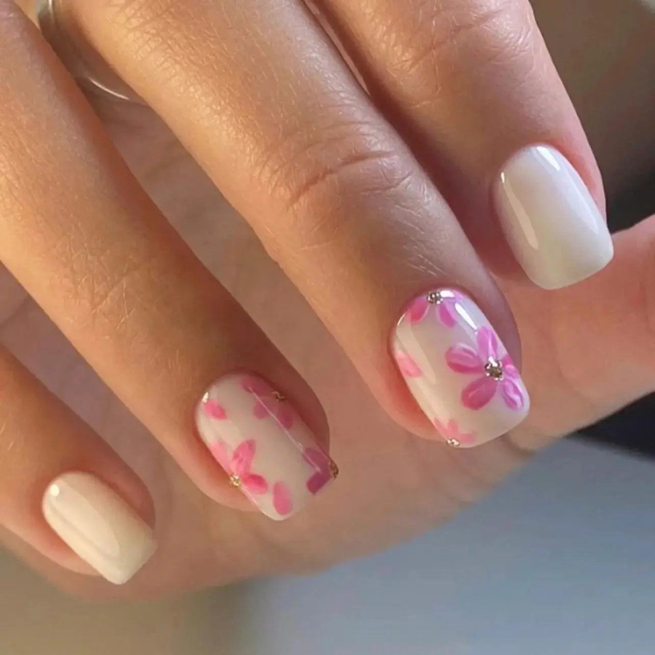 Press On Nails | Resin Coffin Shape | French Floral Print | 24 Pieces