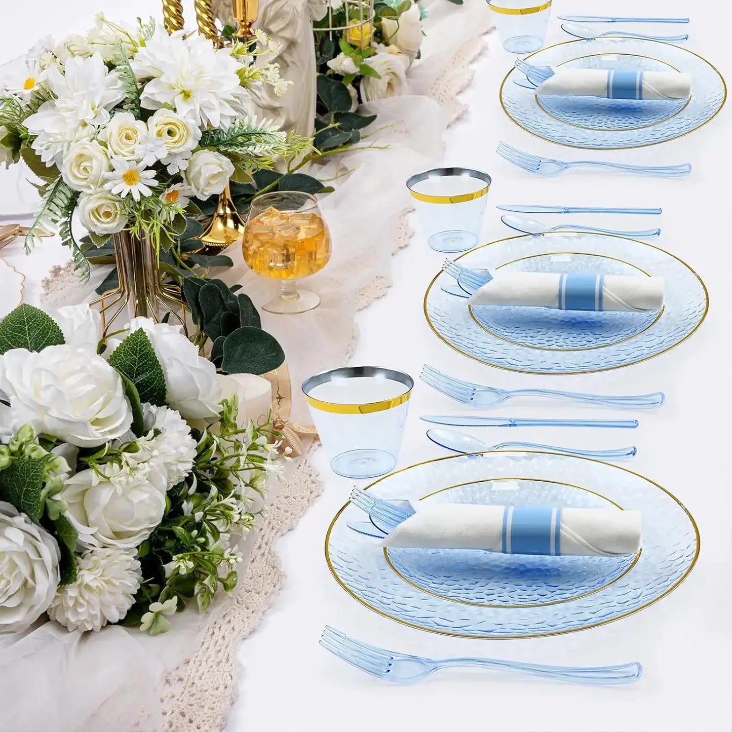 175PCS Gold and Blue Plastic Dinnerware Set – Clear Blue Disposable Plate with Gold Rim Include Dinner Plates, Dessert Plate from PriceLows™