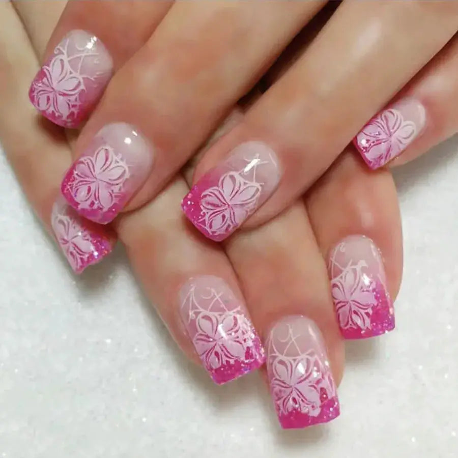 Press On Nails | Resin Coffin Shape | French Floral Print | 24 Pieces