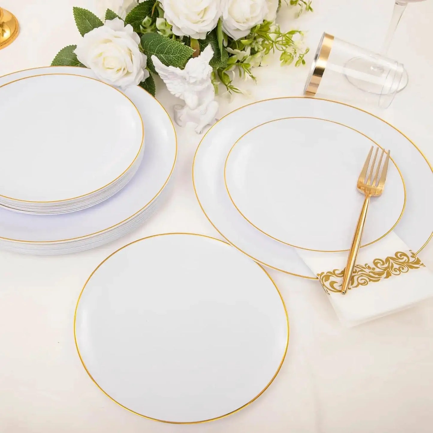 210Pcs Gold White Disposable Plastic Plates Set for Wedding Birthday Party Includes Dinner Dessert Cups Napkin Cutlery from PriceLows™