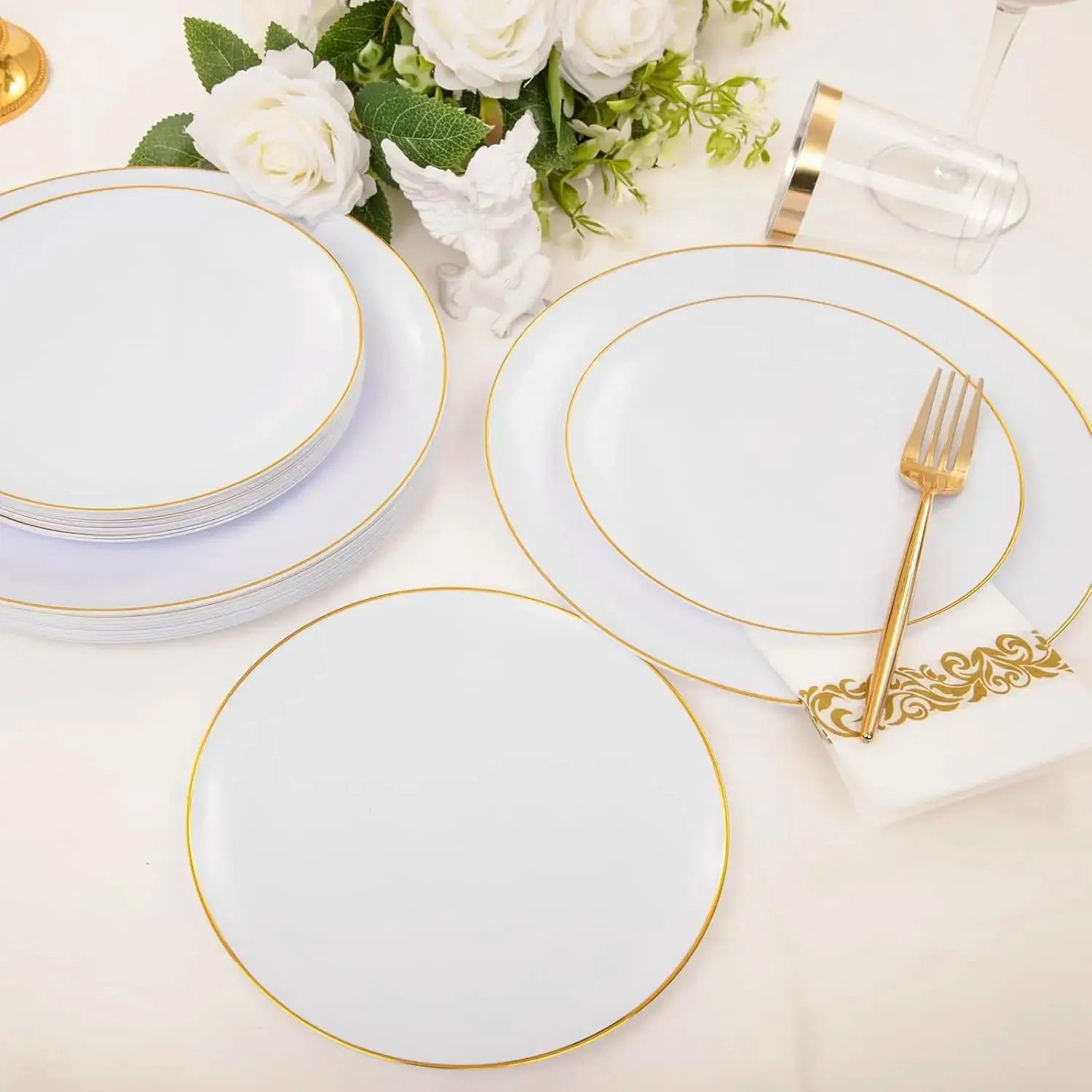 210Pcs Gold White Disposable Plastic Plates Set for Wedding Birthday Party Includes Dinner Dessert Cups Napkin Cutlery from PriceLows™