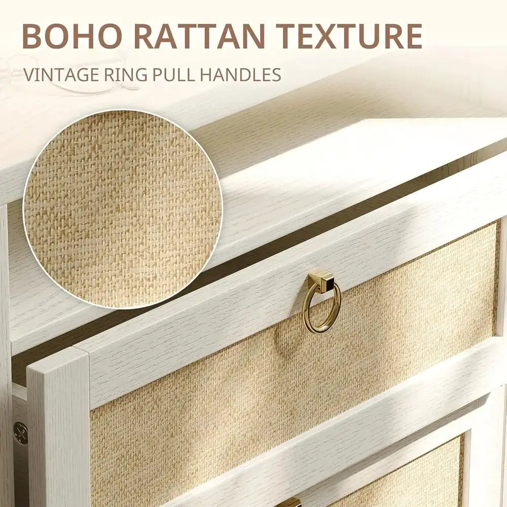 Cream White 2-Piece Rattan Nightstand Set with Charging Stations and Storage for Bedroom from PriceLows™