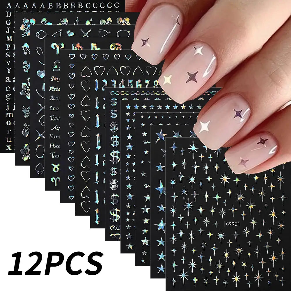 12Pcs 3D Gold Sliver Stars Nail Stickers Bronzing Starlight Nail Art Decals Self Adhesive Slider Decals DIY Nail Tips Decoration from PriceLows™
