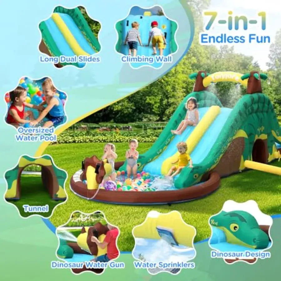 Inflatable Water Slide with Splash Pool for backyard use, PVC material, blue-green color, dual slides and bounce house combo wi from PriceLows™