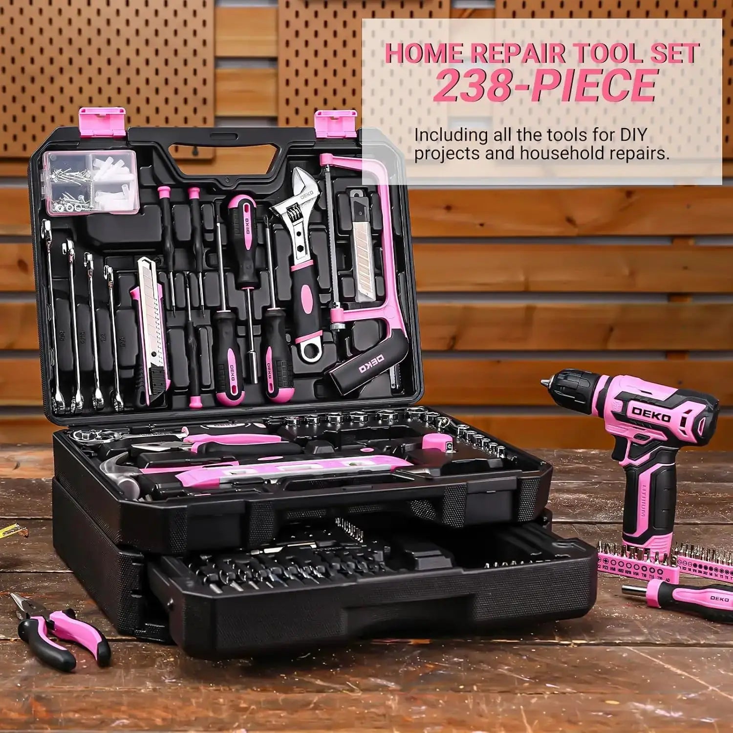 Pink Tool Kit Box with 12V Cordless Drill Set for Home Repair and DIY Projects, 238-Piece Hand Tool Combo with Storage Organizer from PriceLows™
