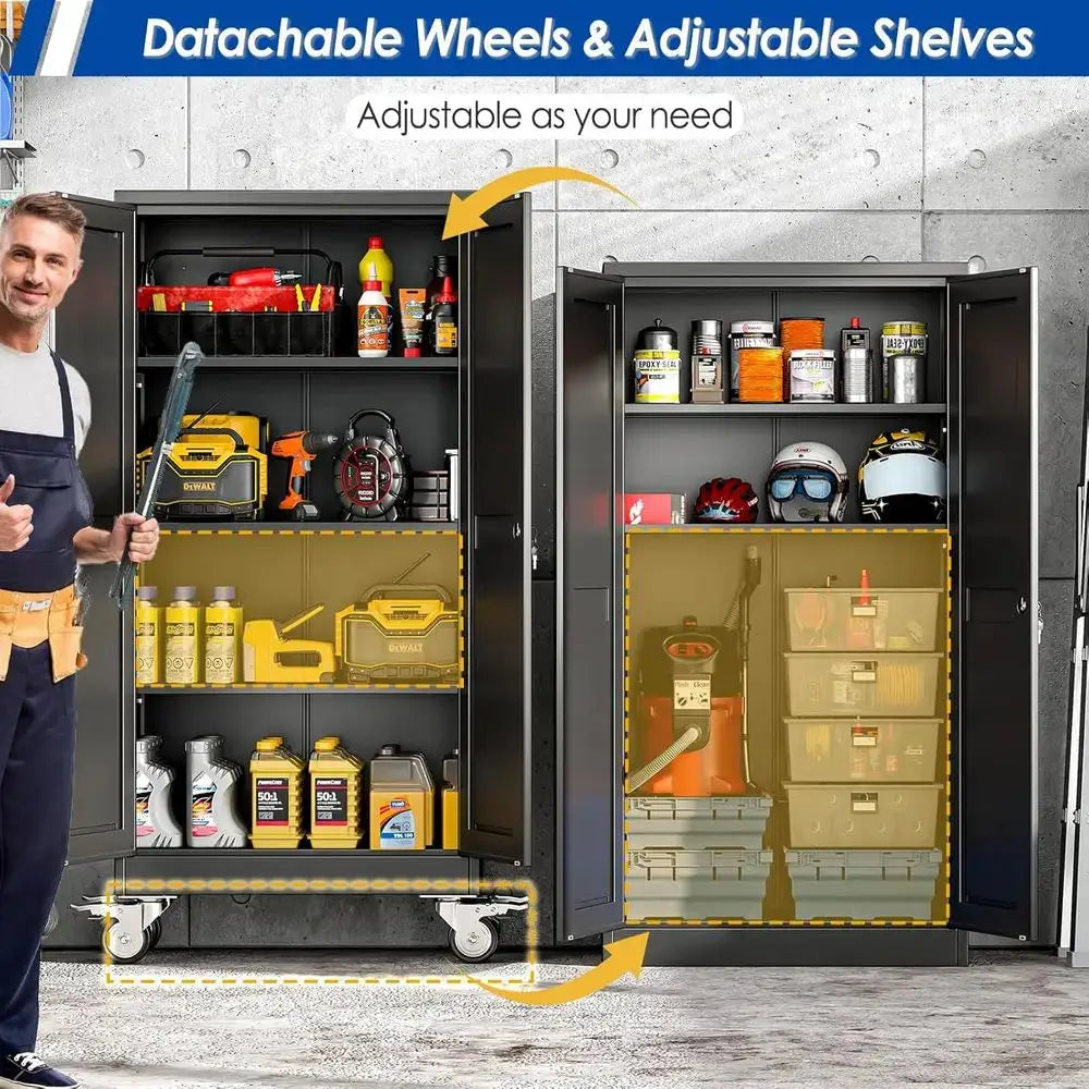 Metal Garage Storage Cabinet with Lock, 61” Tall Lockable ile Cabinet with Wheels, Steel Tool Cabinet with 2 Door and 3 Adjustab from PriceLows™
