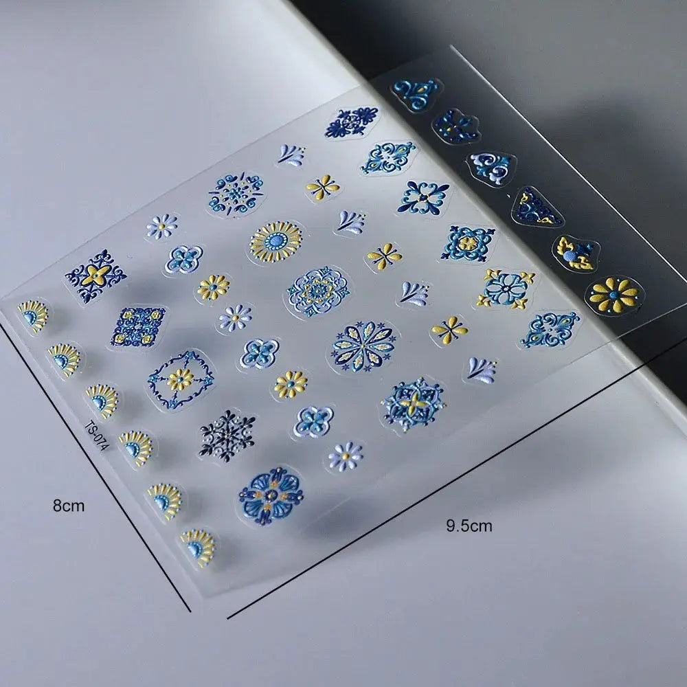 1PC Bohemia Nail Art Stickers 5D Bohemia Nail Sticker Decal Abstract Design Retro Blue Yellow Flower Self Adhesive Nail Supplies from PriceLows™