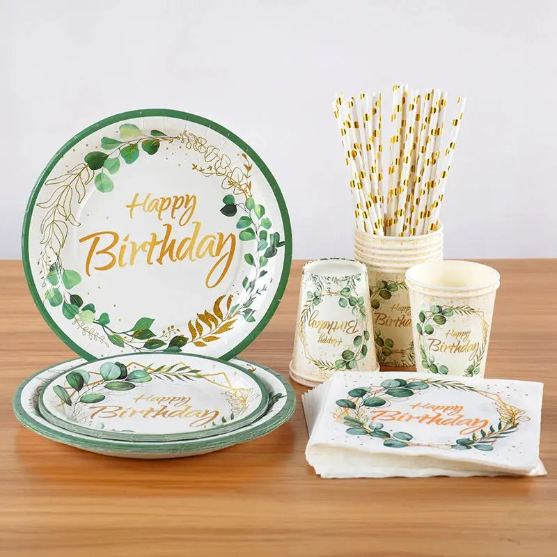 Eucalyptus Leaf Tableware Set | Paper Plate Cups Napkins | Kids And Adults Party Supplies