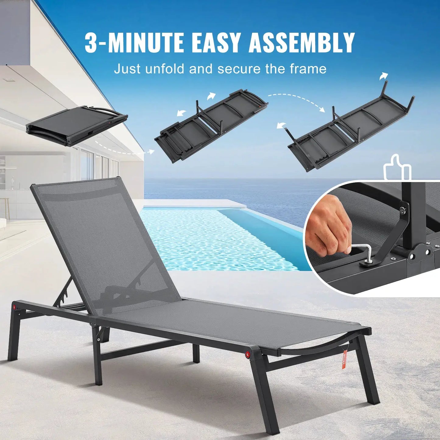 SucceBuy Chaise Lounge Chair Outdoor Aluminum Patio LoungeFolding Pool Lounge Recliner Full Flat for Patio Beach Pool Dark Grey from PriceLows™
