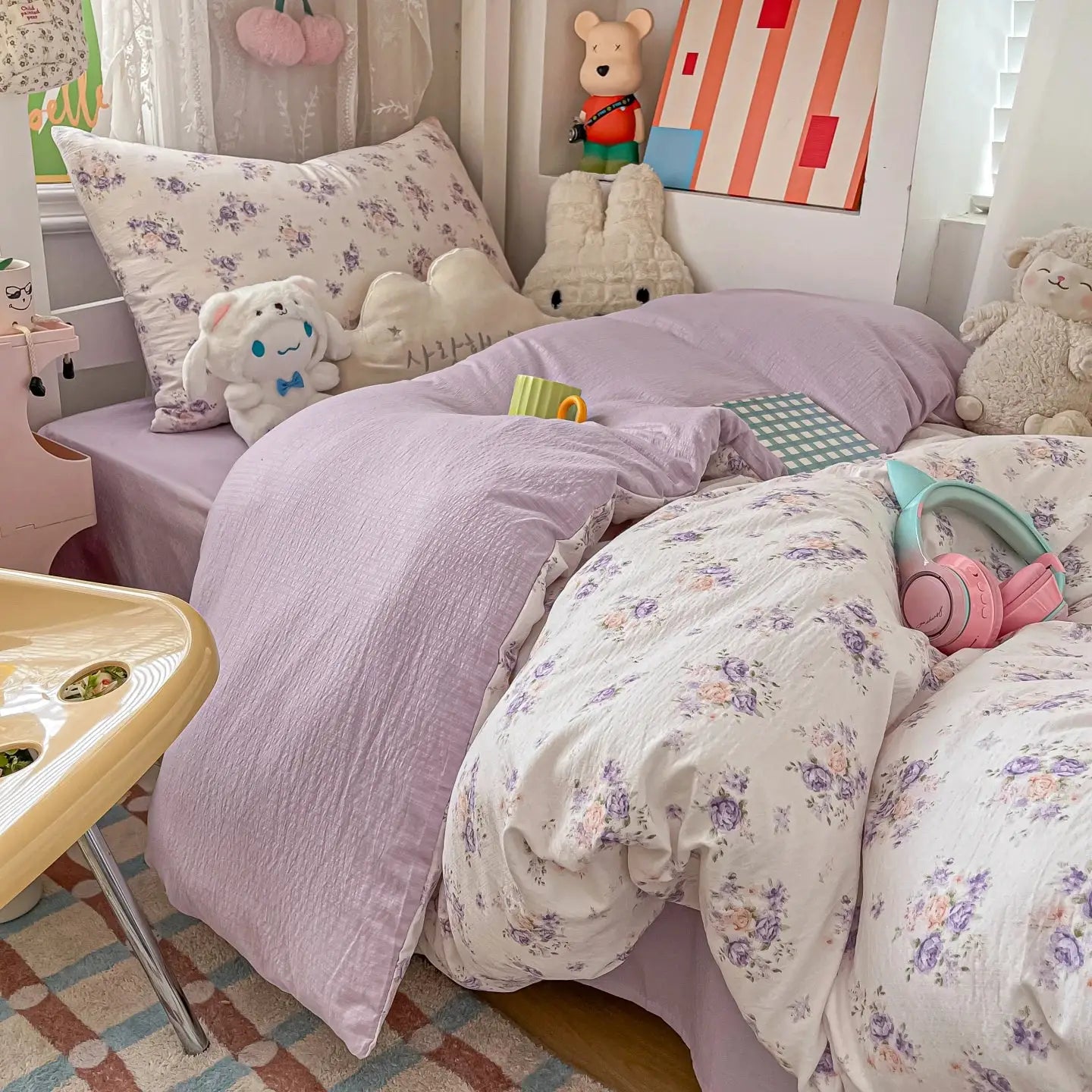 Cartoon color plaid bed sheet four-piece set student cute soft quilt cover dormitory three-piece set from PriceLows™