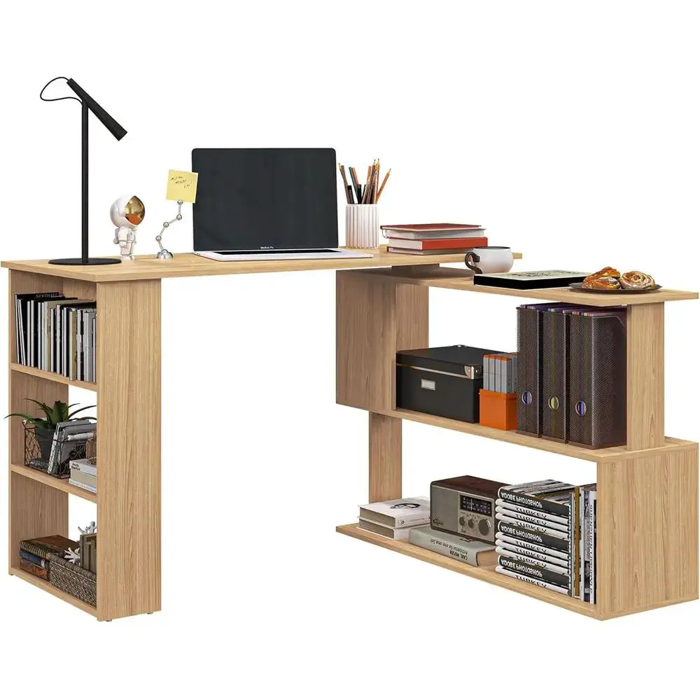Maple Finish L-Shaped Corner Desk with 360-Degree Swivel and Storage Shelves for Home Office Writing and Workstation Use from PriceLows™