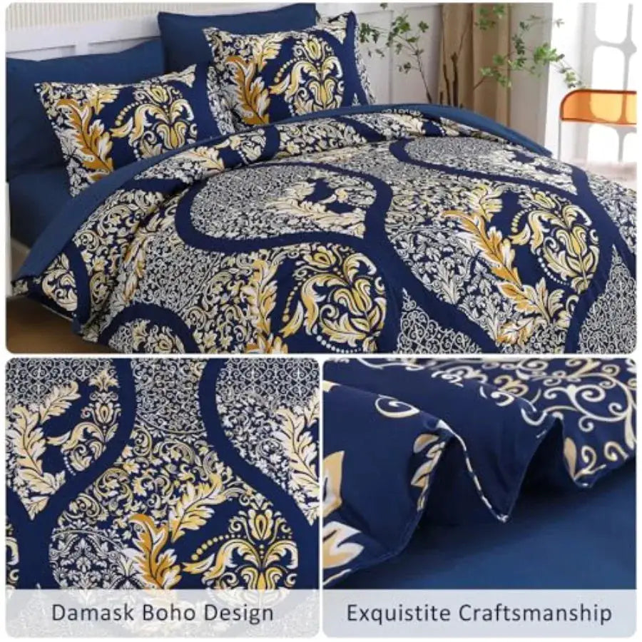 Navy Blue Gold Comforter Set Queen Size 7 Pieces Bohemian Damask Comforter Set Soft Lightweight Microfiber Bedding Set for All from PriceLows™