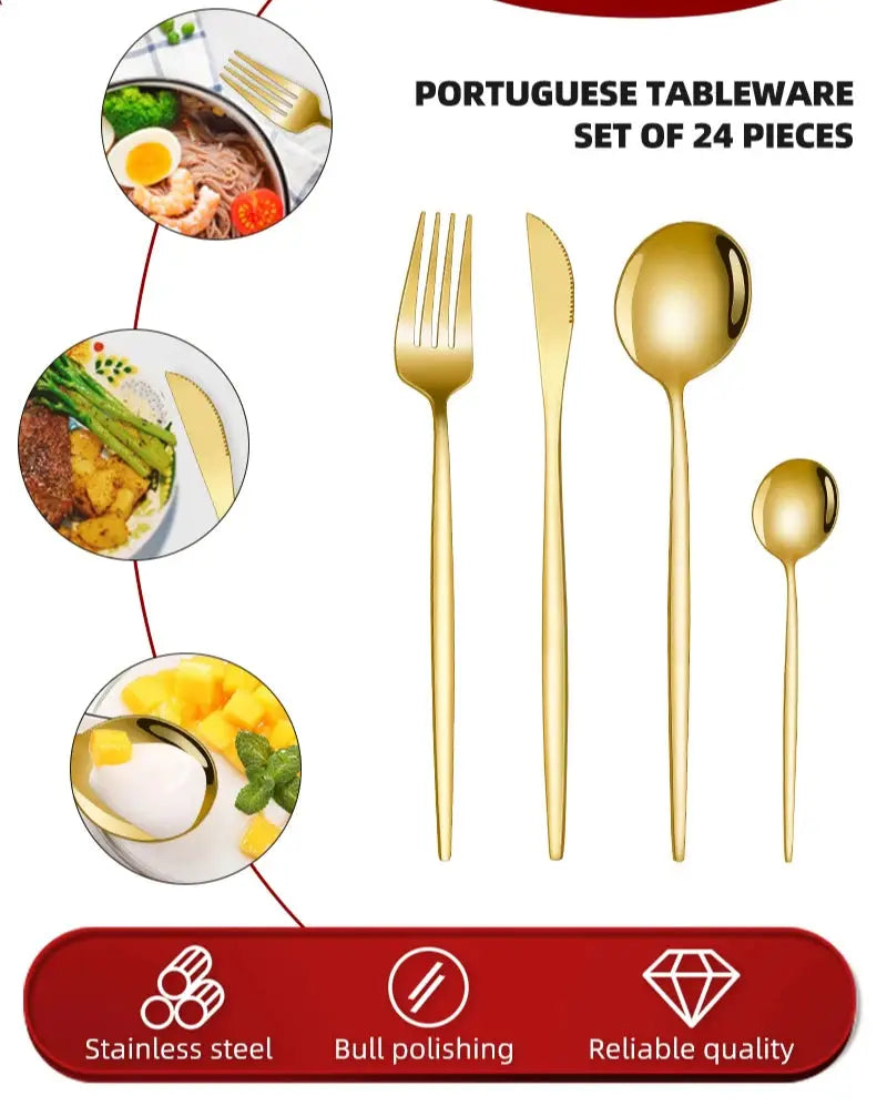24Pcs Black Handle Golden Cutlery Set Stainless Steel Knife Fork Spoon Tableware Flatware Set Festival Kitchen Dinnerware Gift from PriceLows™