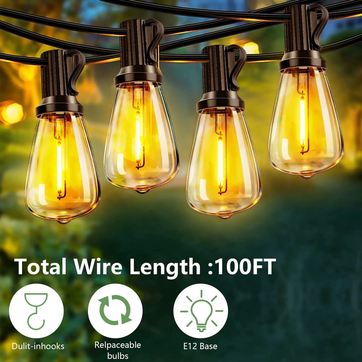 100FT Solar Outdoor String Lights IP65 Waterproof Patio Lights, Shatterproof E12 Replaceable Bulbs, Remote Dimmable Timing from PriceLows™
