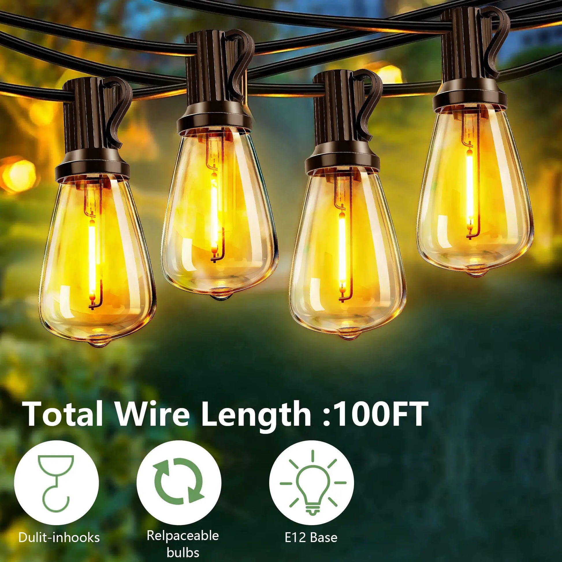 100FT Solar Outdoor String Lights IP65 Waterproof Patio Lights, Shatterproof E12 Replaceable Bulbs, Remote Dimmable Timing from PriceLows™