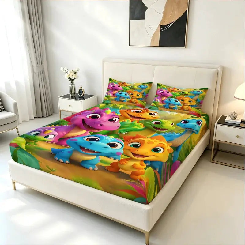 Vibrant Jungle Dinosaur Fitted Sheet Set, Skin-Friendly Fabric Bed Sheet, Deep Pocket Design for Twin/Full/Queen Size Beds from PriceLows™