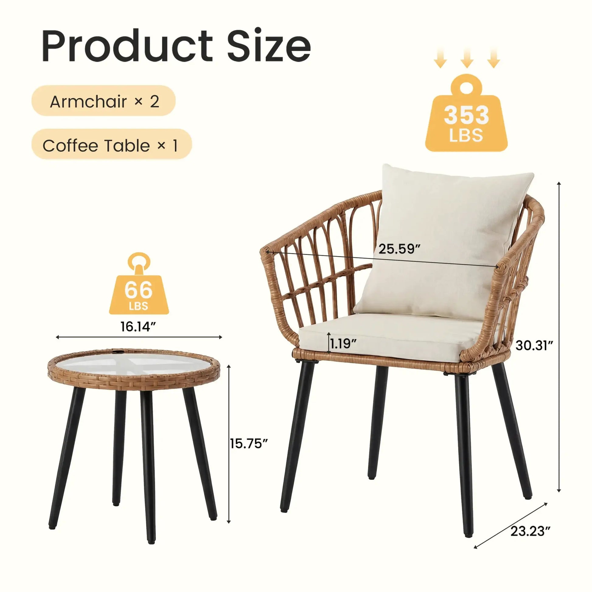 JHK 3 Pieces Wicker Patio Outdoor Set with Soft Cushion and Glass Steel Frame Table Manual Weaving Patio Chairs For Garden Lawn from PriceLows™